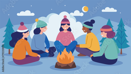 On a camping trip a group of friends sit around the campfire each wearing a knitted headband made by one of them as their first knitting