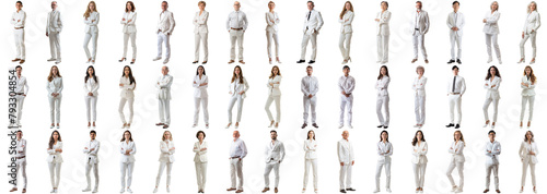Many business people set isolated background, all white casual attire wear, full body length, networking mixed different diverse businesspeople, happy male female, successful career, crisp edges style