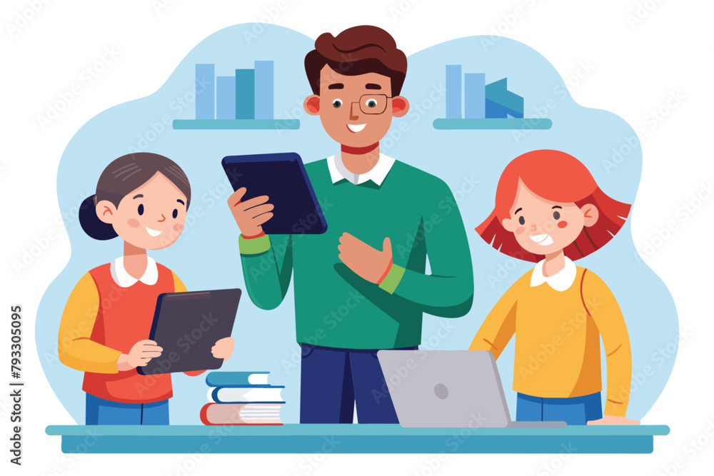 Fototapeta premium A man standing next to two girls while another man holds a tablet, likely in a teaching or learning environment, Teachers use tablets to teach students, Simple and minimalist flat Vector Illustration