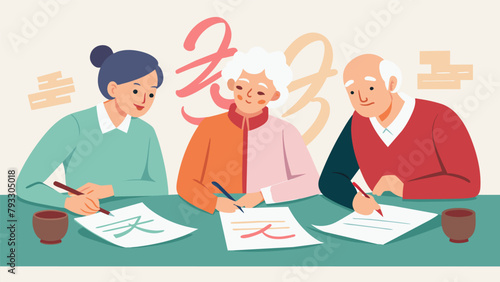 A group of seniors at a retirement home gather for a calligraphy class eagerly practicing elegant cursive and receiving praise for their
