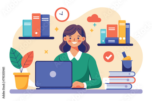 A woman sitting in front of a laptop computer, focused on teaching and online learning, teaching online learning and teacher or tutor education, Simple and minimalist flat Vector Illustration
