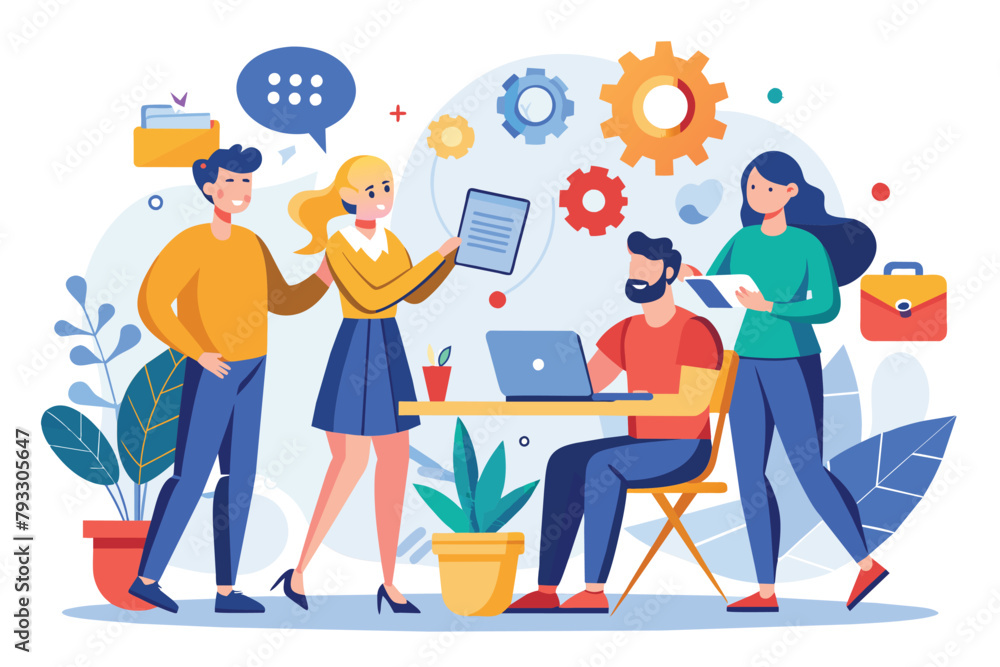 A group of people standing around a table engaged in team collaboration with a laptop, Team collaboration at work, Simple and minimalist flat Vector Illustration