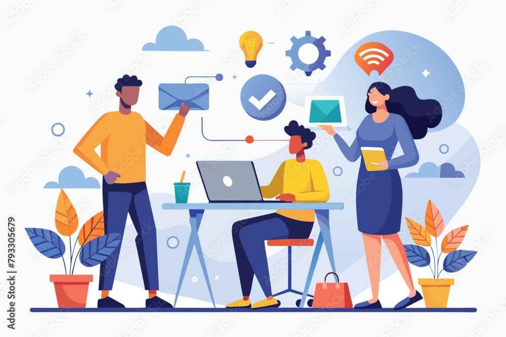 A team of individuals standing around a table, actively working on laptops together, Team collaboration at work, Simple and minimalist flat Vector Illustration A team of individuals standing around a table, actively working on laptops together, Team collaboration at work, Simple and minimalist flat Vector Illustration