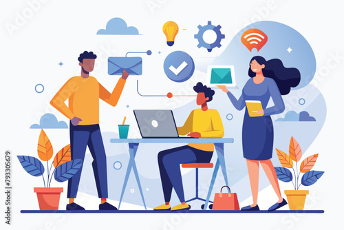 A team of individuals standing around a table, actively working on laptops together, Team collaboration at work, Simple and minimalist flat Vector Illustration