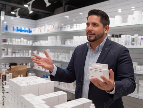 A man in a suit is standing in a store with a box of products in his hand. He is smiling and he is excited about the products