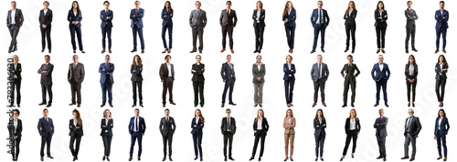 Many business people set on isolated background, formal attire wear, full body length, networking mixed different diversed businesspeople, happy male and female, successful career, crisp edges style