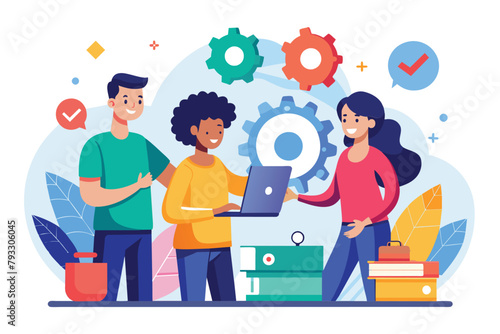 A group of teammates standing around a laptop, discussing work and collaborating, Teammates help with work, Simple and minimalist flat Vector Illustration