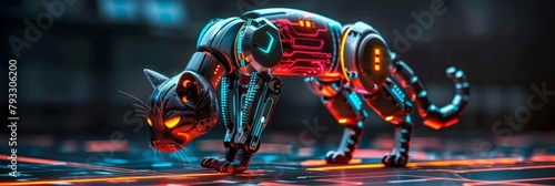 Sleek futuristic robotic cat with metallic limbs and glowing circuitry for high speed traversal photo