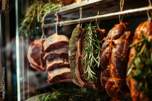 a variety of meats are hanging on a rack in a butcher shop