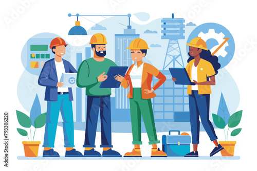 Group of engineers standing in discussion, analyzing construction issues together, Team of engineers discussing construction problems, Simple and minimalist flat Vector Illustration