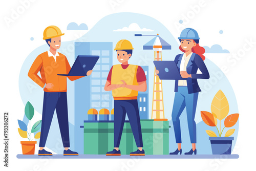 Engineers standing together, discussing construction issues in a group setting, Team of engineers discussing construction problems, Simple and minimalist flat Vector Illustration