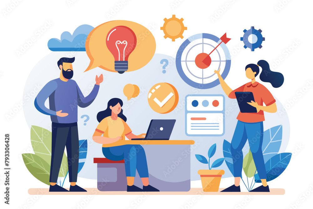 Group of People Around Table With Laptop, Team think solve problem, Analysis of company information, Simple and minimalist flat Vector Illustration Group of People Around Table With Laptop, Team think solve problem, Analysis of company information, Simple and minimalist flat Vector Illustration