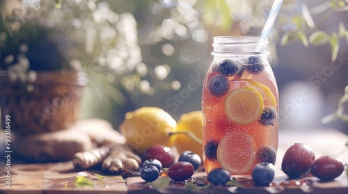 Savor the refreshing zest of a vegan raw kombucha drink infused with the delightful blend of blueberries cranberries ginger and lemon all bottled up with an eco friendly straw photo
