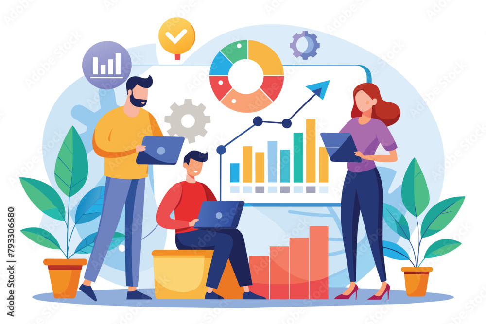 Multiple individuals gathered around a laptop discussing and analyzing business growth charts as a team, Teamwork analyzing business growth charts, Simple and minimalist flat Vector Illustration