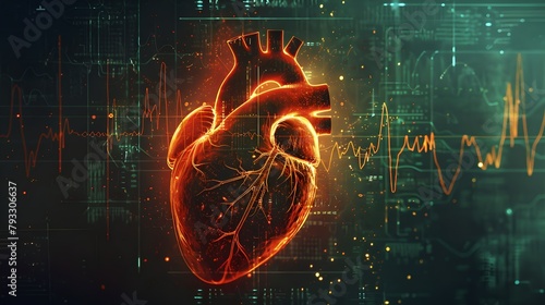 Illuminated Human Heart Representation with Data Background. Conceptual Digital Art. Health and Medicine Thematic Image. Technological Advancement in Healthcare. AI
