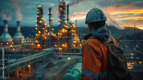 Engineer in safety gear observing a petrochemical plant at dusk with illuminated structures and smokestacks emitting fumes.