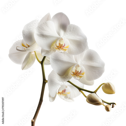 Capture the exquisite beauty of a fully bloomed white orchid in a stunning close up photo set against a transparent background