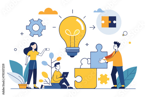 Team Collaboration on Light Bulb Puzzle, Teamwork connecting light bulb puzzle, finding ideas solving business problems flat illustration