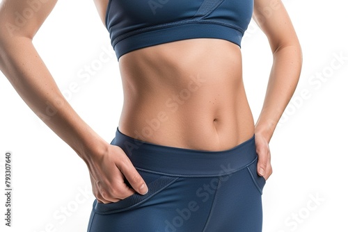 Close up unrecognizable fit woman's body with fitenss clothes isolated on white background. Torso of slim woman with flat stomach. Wellness and sport concept