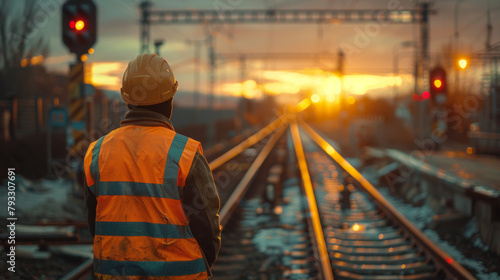 Engineer in safety vest and helmet at railway during sunset.