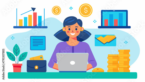 A woman sitting at her desk happily organizing her budget using the online tools offered by her bank.