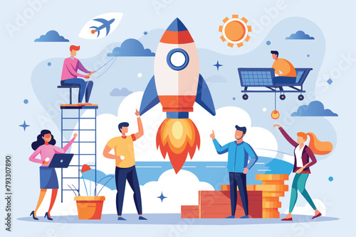 A group of individuals standing around a rocket, preparing for launch with teamwork and focus, Teamwork launching new business, Simple and minimalist flat Vector Illustration