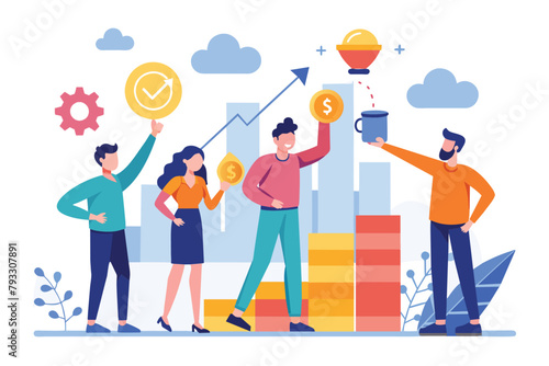 A group of individuals standing on a mound of currency coins, Teamwork improves stock marketing, Simple and minimalist flat Vector Illustration