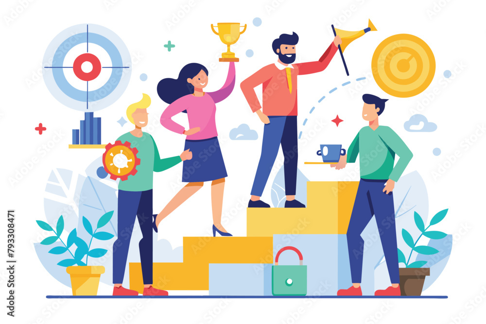 A group of people stands on a podium, showcasing teamwork and partnership for career goals, Teamwork with partners for career goals concept, Simple and minimalist flat Vector Illustration