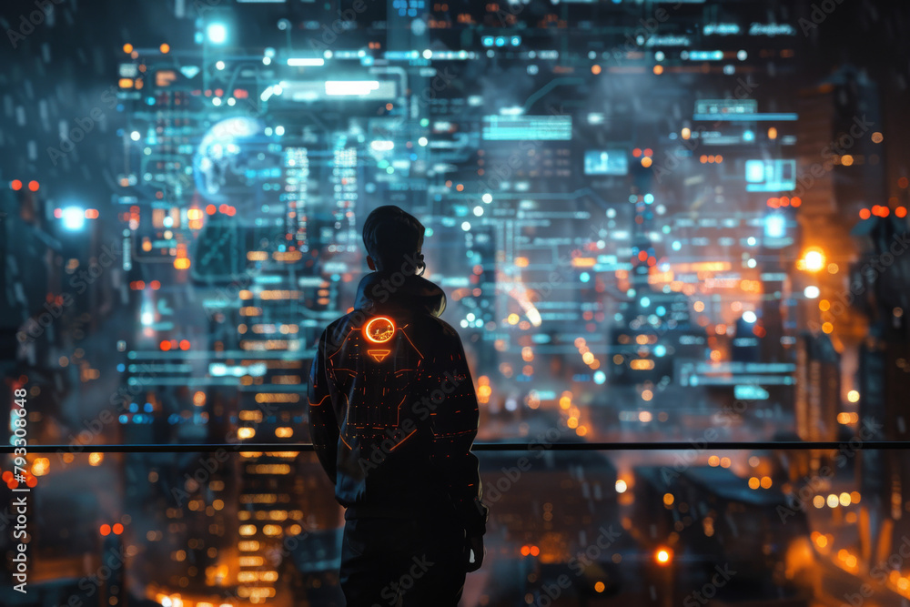 An engineer stands before a futuristic smart city with holographic interfaces and advanced technology. An engineer stands before a futuristic smart city with holographic interfaces and advanced technology.