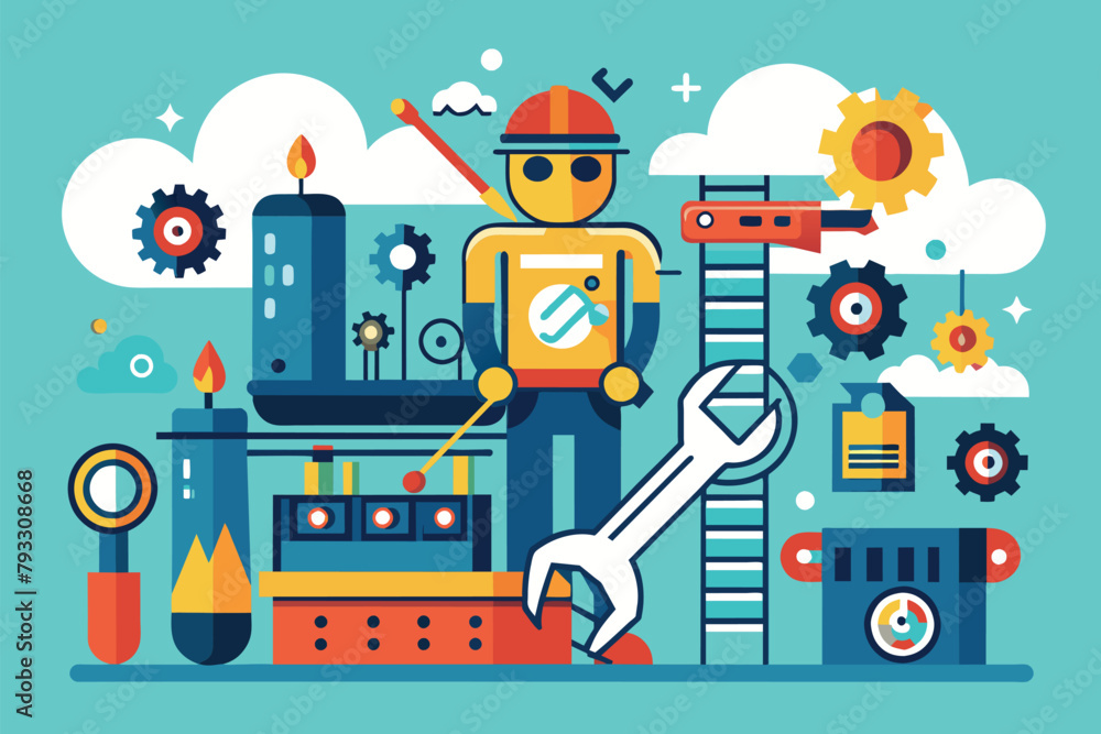 A man stands holding a wrench in front of a variety of tools in a workshop setting, technical repair, Simple and minimalist flat Vector Illustration A man stands holding a wrench in front of a variety of tools in a workshop setting, technical repair, Simple and minimalist flat Vector Illustration