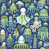 Seamless vector pattern with cute sea creatures, jellyfish, squid and octopus. Hand drawn vector  illustration. Perfect for textile, wallpaper or nursery print design.