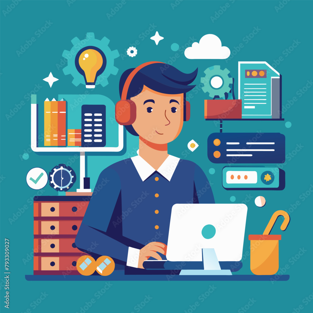 Fototapeta premium Man Sitting at Desk With Headphones On, technical support that works on repairing computer hardware and software, Simple and minimalist flat Vector Illustration