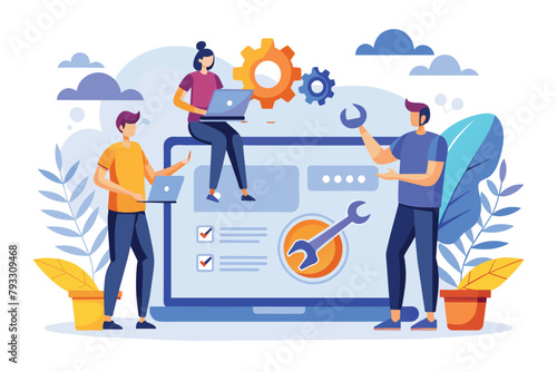 A group of people collaborating on a computer, working on code and fixing errors on a website, technicians fix errors on the website, Simple and minimalist flat Vector Illustration