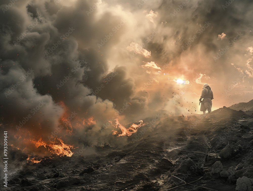 Silhouette d'un survivant en combinaison antiradiations qui marche dans un paysage désolé, postapocalyptique, la nature et la civilisation en feu
