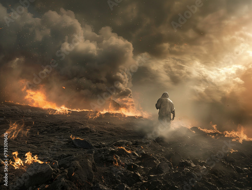 Silhouette d'un survivant en combinaison antiradiations qui marche dans un paysage désolé, postapocalyptique, la nature et la civilisation en feu photo