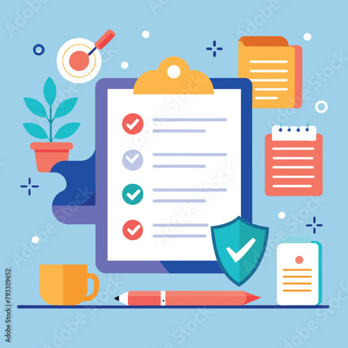 A clipboard with a checklist on it placed next to a cup of coffee, Terms and conditions, privacy policy, legal notice, corporate rules, Simple and minimalist flat Vector Illustration