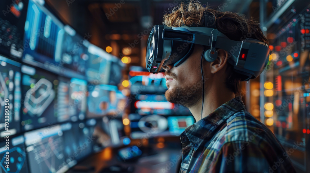 Engineer in virtual reality headset immersed in high-tech lab environment Engineer in virtual reality headset immersed in high-tech lab environment