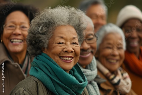 Portrait of a happy senior woman smiling at the camera with her friends in the background