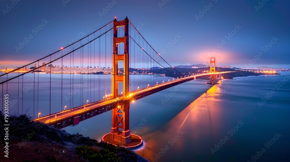 Illuminated suspension bridge at twilight, a symbol of modern engineering. Serene water reflects the lights. A tranquil cityscape view in the dusk. Perfect for travel and tourism themes. AI