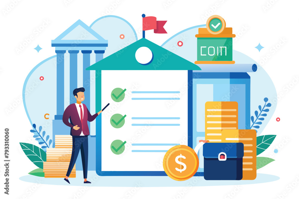 Obraz premium A man standing before a clipboard with a checklist, reviewing and marking items off the list, The bank loan contract was successful, Simple and minimalist flat Vector Illustration