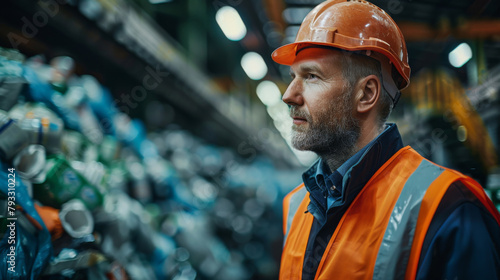 An engineer in safety gear contemplating at a waste management facility.