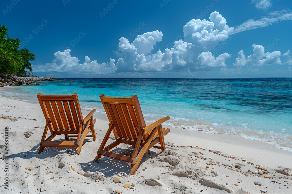 Lounge Chairs on a Sandy Beach,
Beautiful beach scene with blue sky white clouds and palm trees lining the shore
