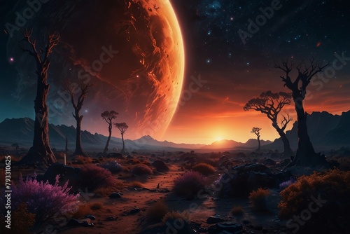 Alien planet surface  space landscape beautiful background wallpaper