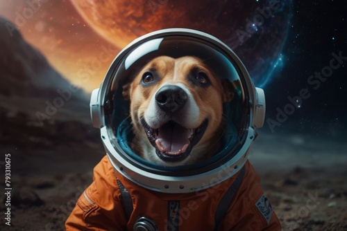 Dog in a spacesuit Colorful space galaxy cloud nebula, cosmos background wallpaper