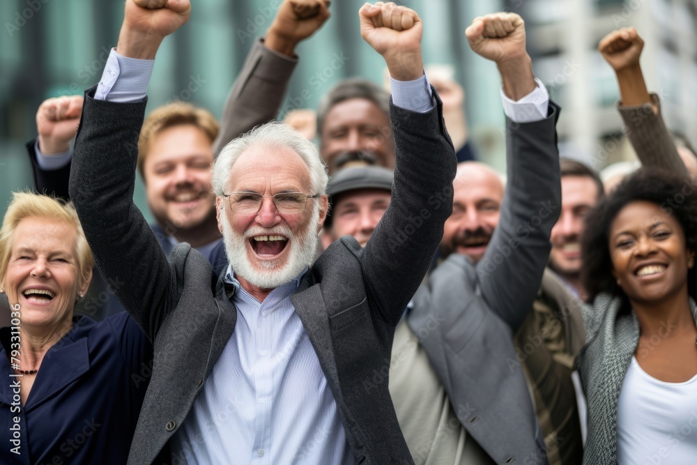 Group of happy senior business people celebrating success with arms raised in the air Group of happy senior business people celebrating success with arms raised in the air