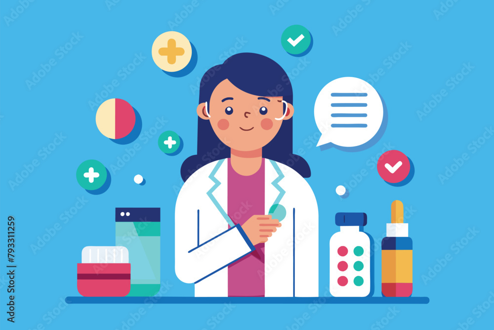 A woman in a white lab coat stands in front of a counter with pills, The doctor advises on the use of medication, Simple and minimalist flat Vector Illustration A woman in a white lab coat stands in front of a counter with pills, The doctor advises on the use of medication, Simple and minimalist flat Vector Illustration
