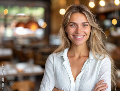 A woman with blonde hair and a white shirt is smiling and posing for a picture. She is standing in a restaurant with a table and chairs around her