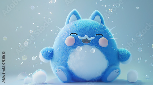 a character wearing a blue cat costume. The character appears round and fluffy, with its body mostly concealed by the cat outfit