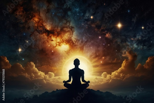 Silhouette human lotus position, meditation space galaxy cloud nebula, cosmos background wallpaper #793311868