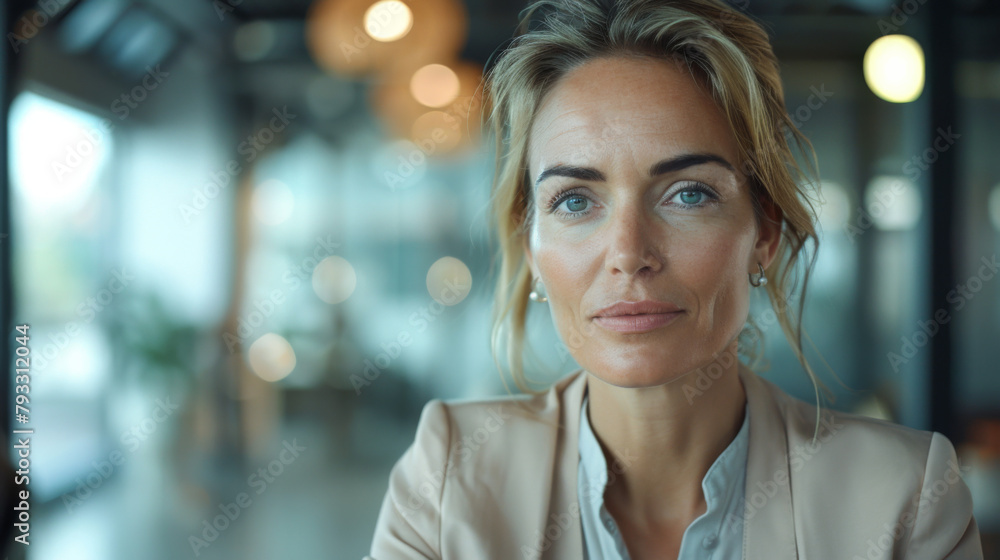 Obraz premium Professional woman in business attire in a modern office setting.
